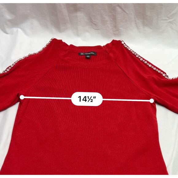 INC Red Knit Sweater Rhinestones & Beads Down Cold Shoulder Sleeve Size PM - Picture 8 of 9